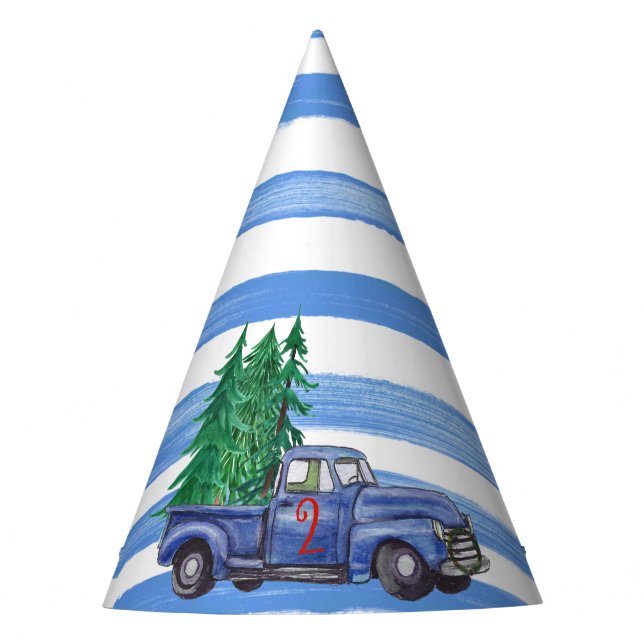 Editable Blue Truck Themed Blue Stripe Party Hat (Front)