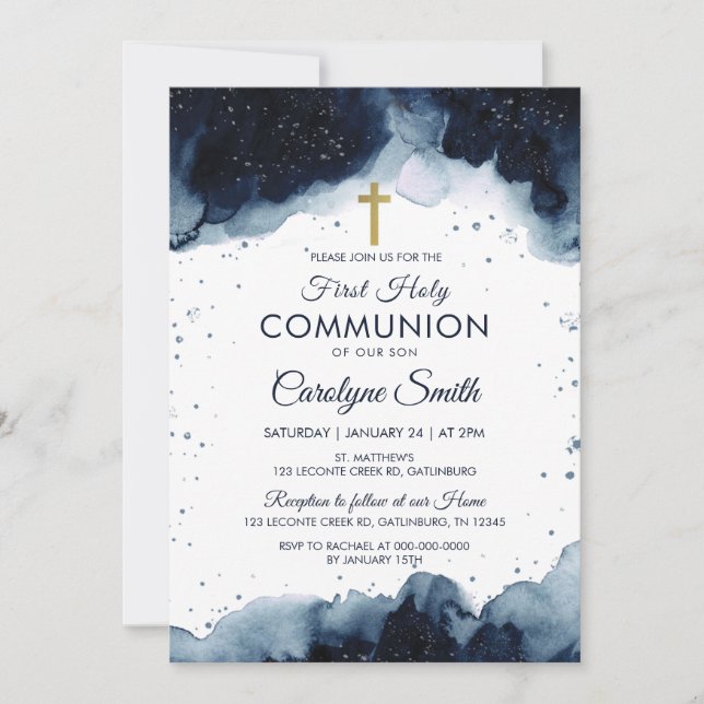 Editable Blue Watercolor First Holy Communion Boy Invitation (Front)