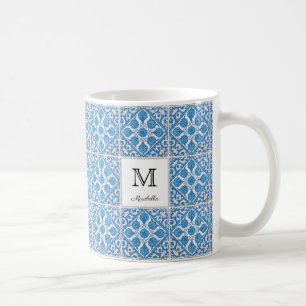 Editable Blue White Vintage Floral Faux Tile Coffee Mug