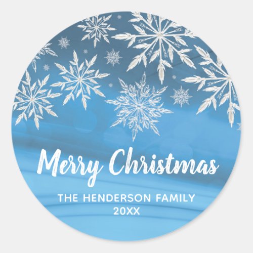 Editable Blue Winter Snowflake Merry Christmas Classic Round Sticker