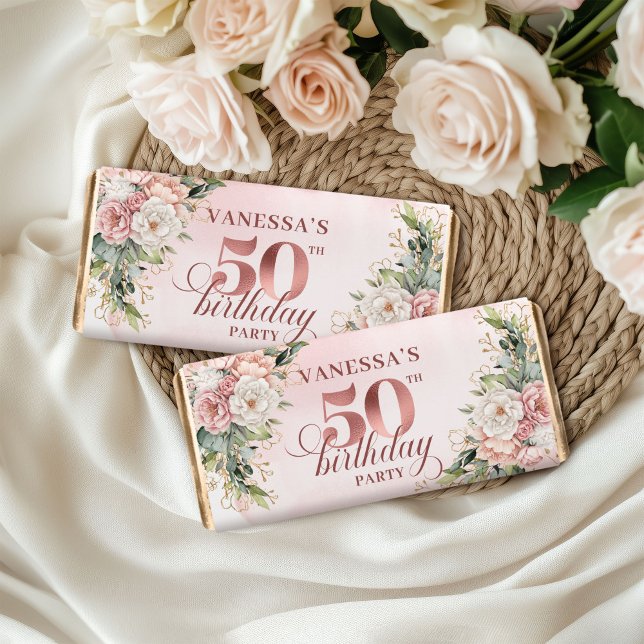 Editable Blush Pink Greenery 50th Birthday Hershey Bar Favors (Editable Blush Pink Greenery 50th Birthday Hershey Bar)