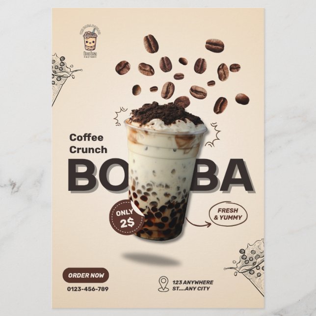 Editable Boba Tea Cafe Flyer, Small Business Menu Flyer (Front)