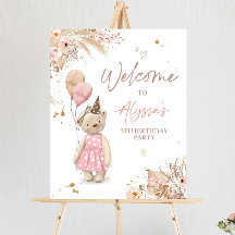 Editable Boho Teddy Bear Birthday Welcome Sign Bea