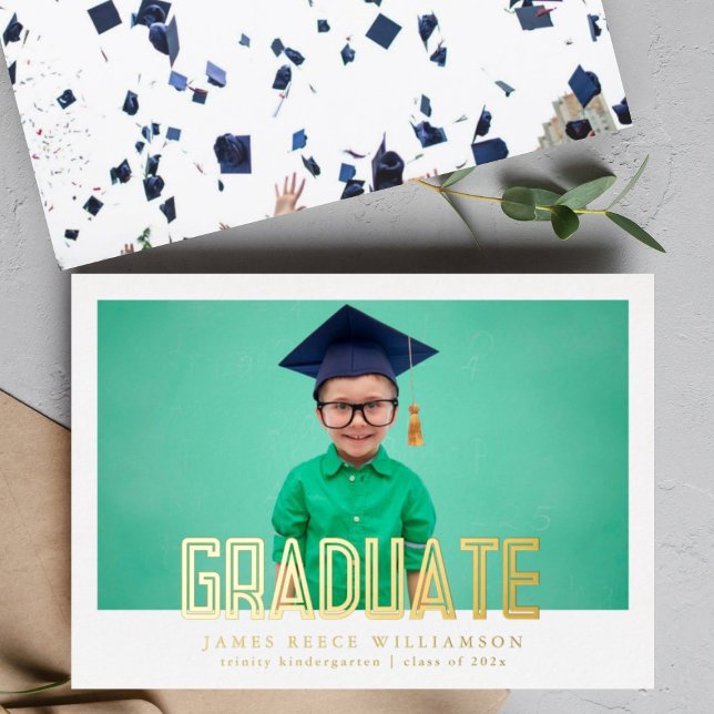 Editable Bold Gold Photo Kindergarten Graduation Foil Invitation (Creator Uploaded)