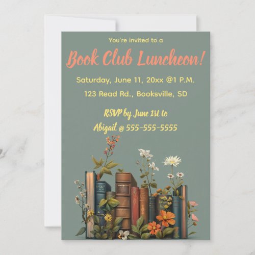 Editable Books and Flowers Book Club Luncheon Invitation