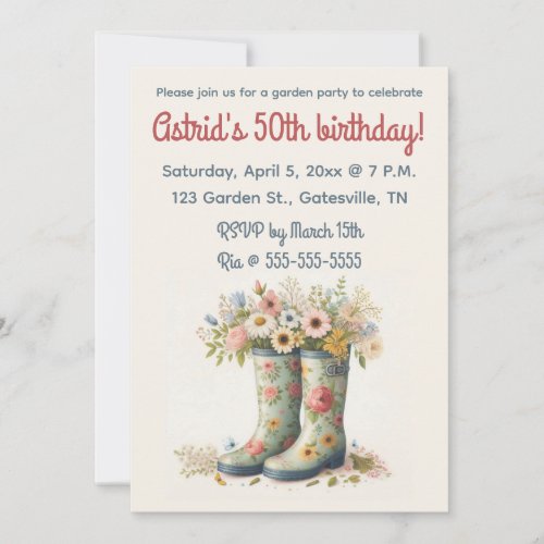 Editable Boots and Flowers Garden Birthday Party Invitation