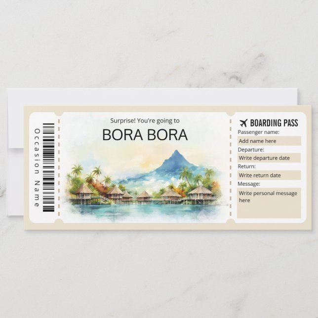 Editable Bora Bora Plane ticket Boarding Pass Invitation (Front)
