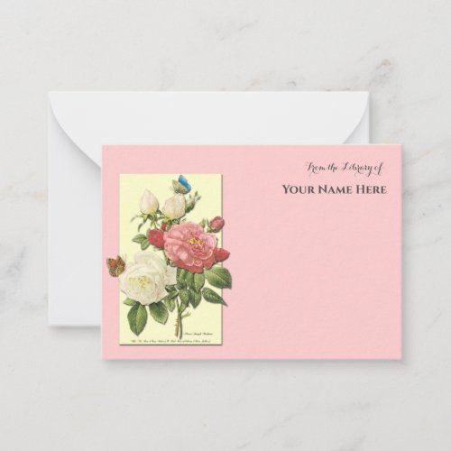 Editable Botanical White Red Roses Library of Note Card