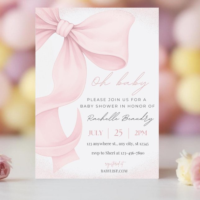 Editable Bow Baby Shower Invitation Template Pink (Creator Uploaded)