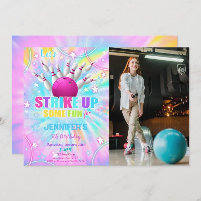 Editable Bowling Birthday Photo Invitation (Front/Back)