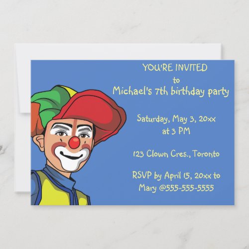 Editable Boy Clown Childs Birthday Party Invitation