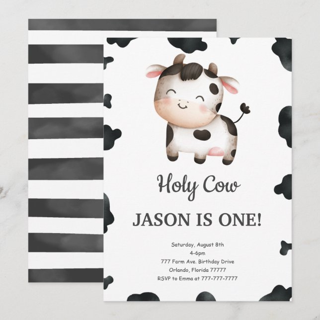 Editable Boy Cow Birthday Invitation (Front/Back)