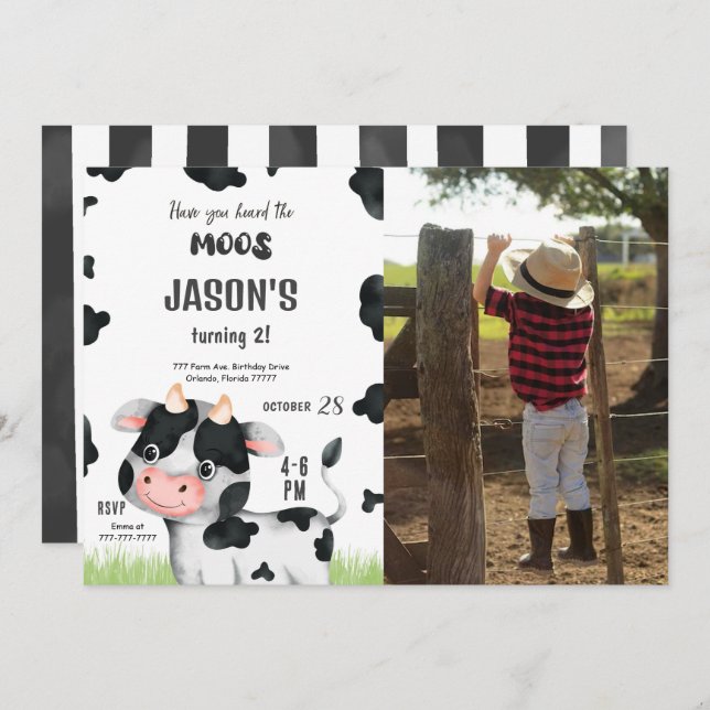 Editable Boy Cow Birthday Photo Invitation (Front/Back)