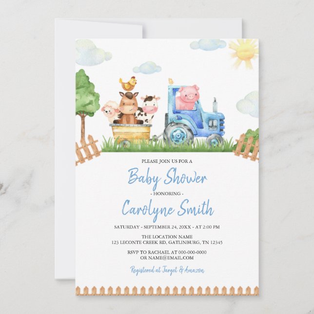 Editable Boy Farm Animals Baby Shower Invitation (Front)