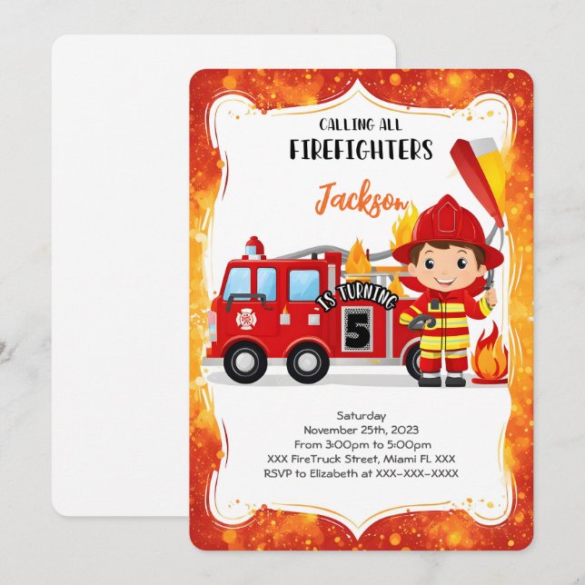 Editable Boy Fire Truck Birthday Invitation (Front/Back)