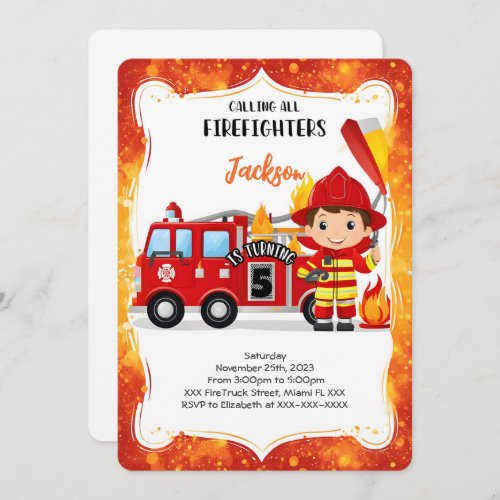 Editable Boy Fire Truck Birthday Invitation
