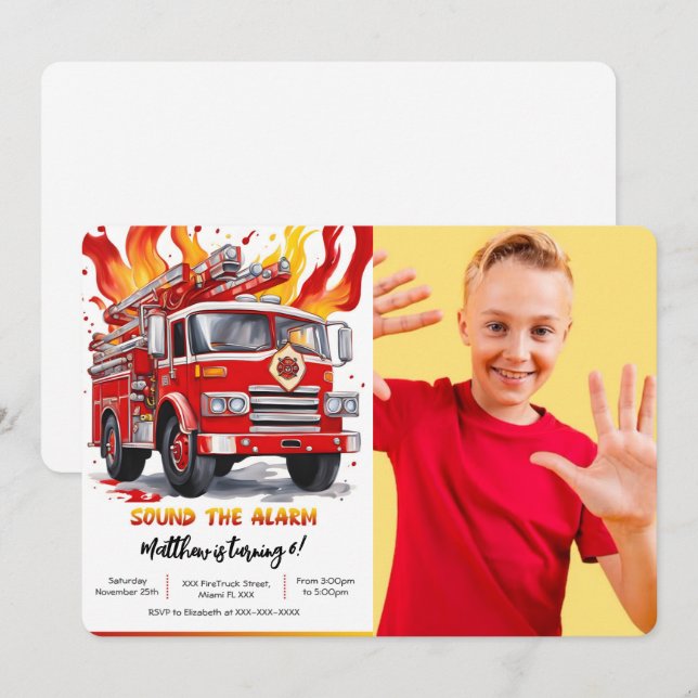 Editable Boy Fire Truck Birthday Photo Invitation (Front/Back)