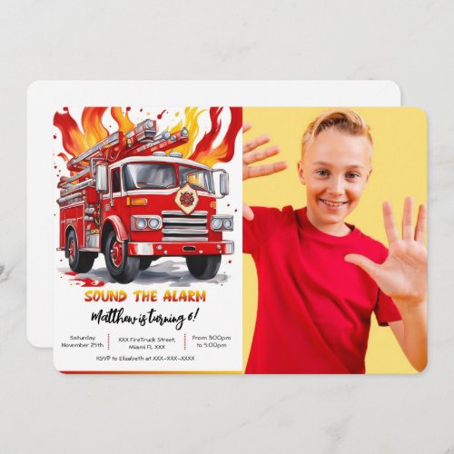 Editable Boy Fire Truck Birthday Photo Invitation