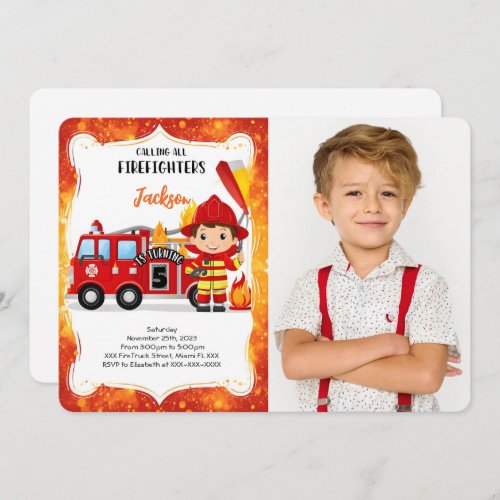 Editable Boy Fire Truck Birthday Photo Invitation