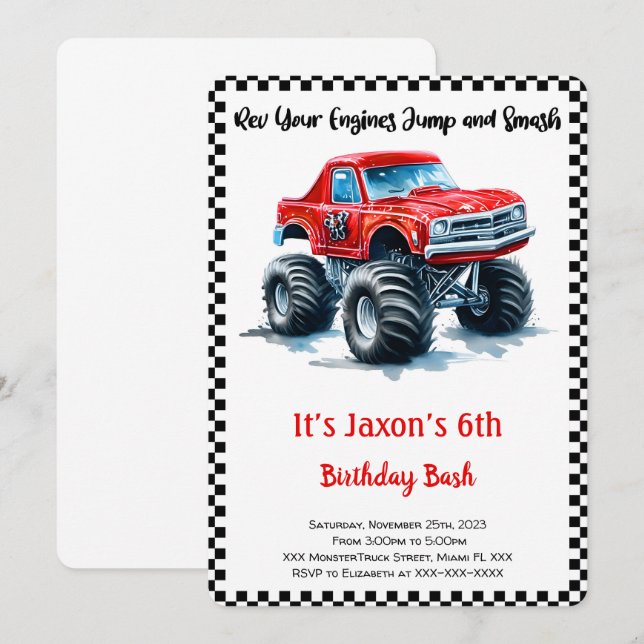 Editable Boy Monster Truck Birthday  Invitation (Front/Back)