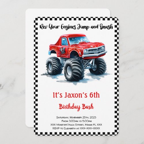 Editable Boy Monster Truck Birthday  Invitation