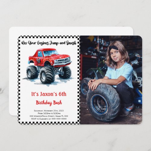 Editable Boy Monster Truck Birthday Photo  Invitation