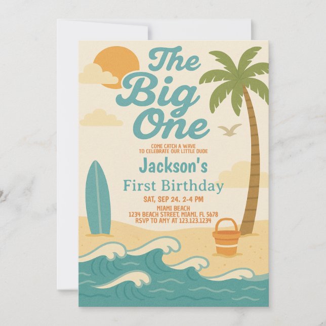 Editable Boy’s The Big One Surfing 1st Birthday Invitation (Front)
