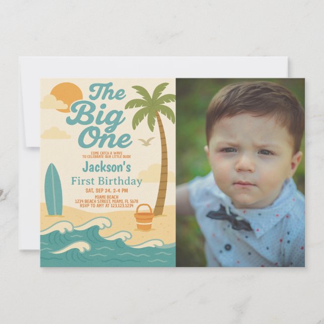 Editable Boy’s The Big One Surfing 1st Birthday Invitation (Front)