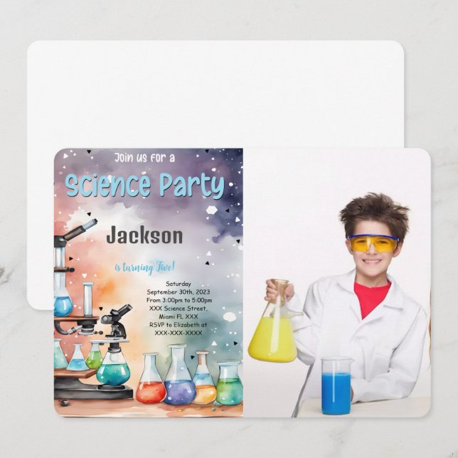 Editable Boy Science Birthday Party Photo Invitation (Front/Back)