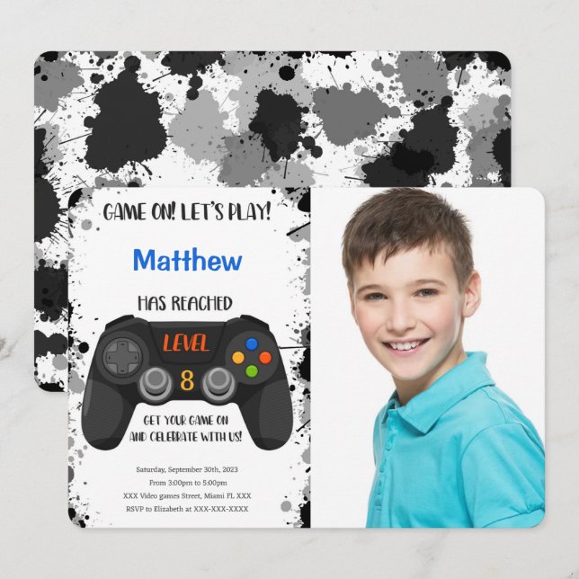 Editable Boy Video Game Birthday Photo Invitation (Front/Back)