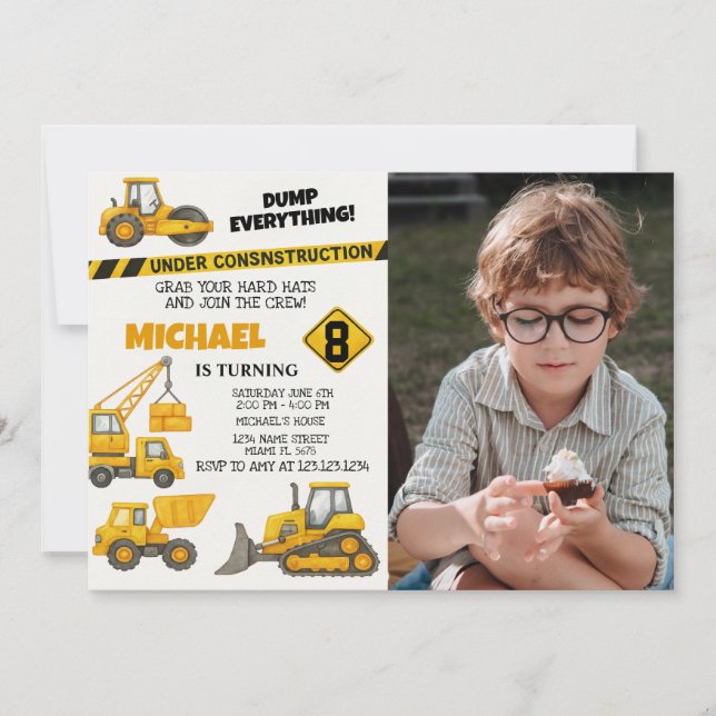 Editable Boys Construction Birthday Invitations (Front)