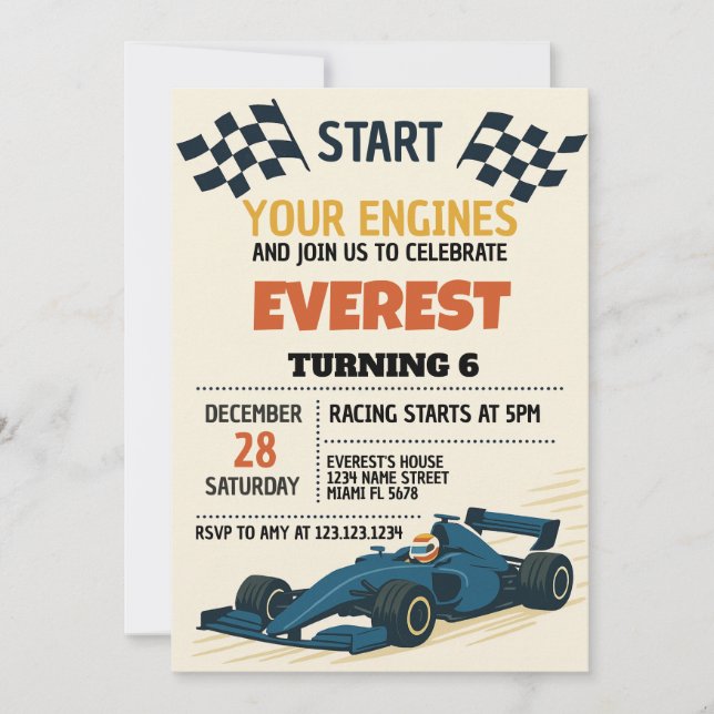 Editable Boys Racing Party Invite with Checkered (Front)