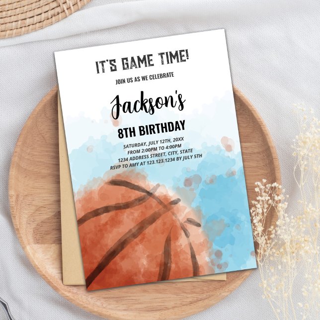 Editable Boys Slam Dunk Sports Party Card (Blue Cloud Basketball Birthday Invitation)