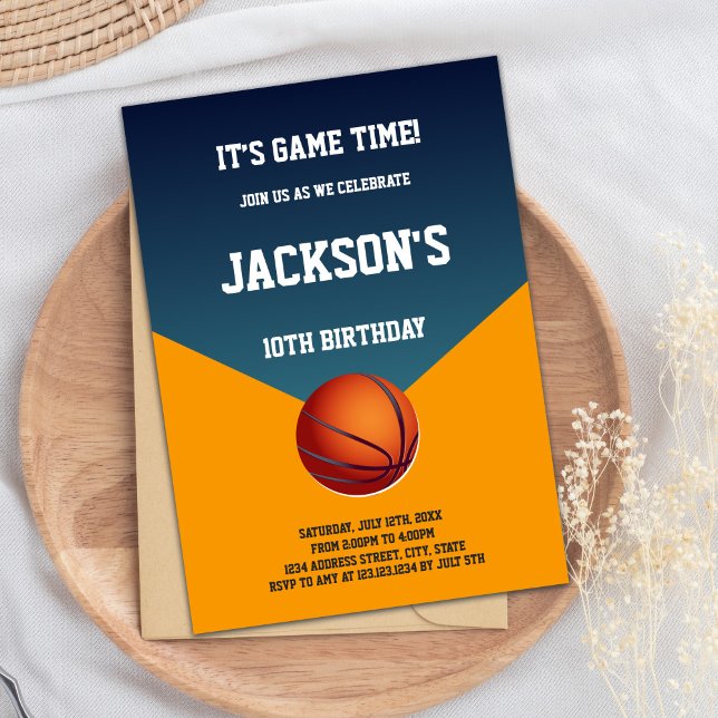 Editable Boys Slam Dunk Sports Party Invite (Green Orange Basketball Invitations)