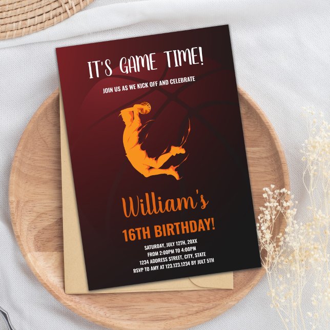 Editable Boys Sports Party Card with Action (Orange Jump Basketball Birthday Invitations)