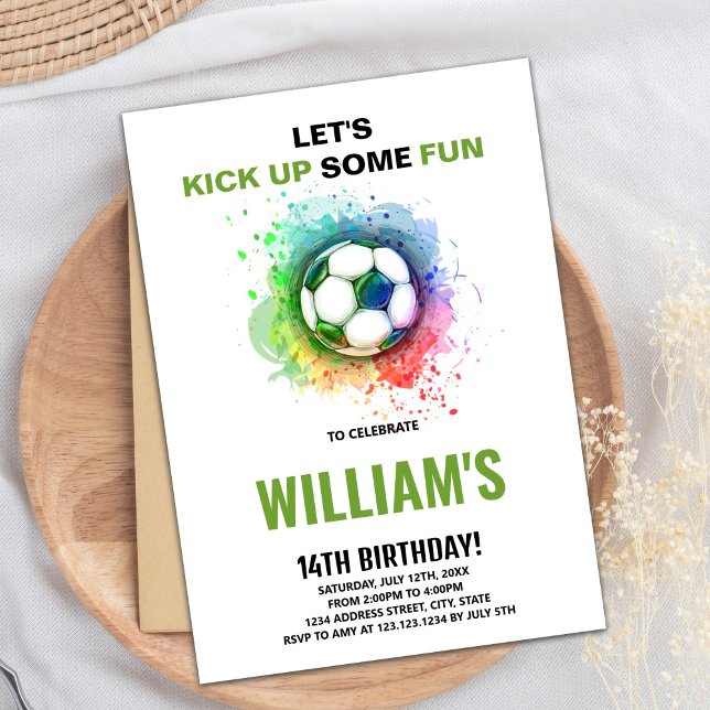 Editable Boys Sports Party Card with Ball & Goal (Watercolor Soccer Birthday Invitations)