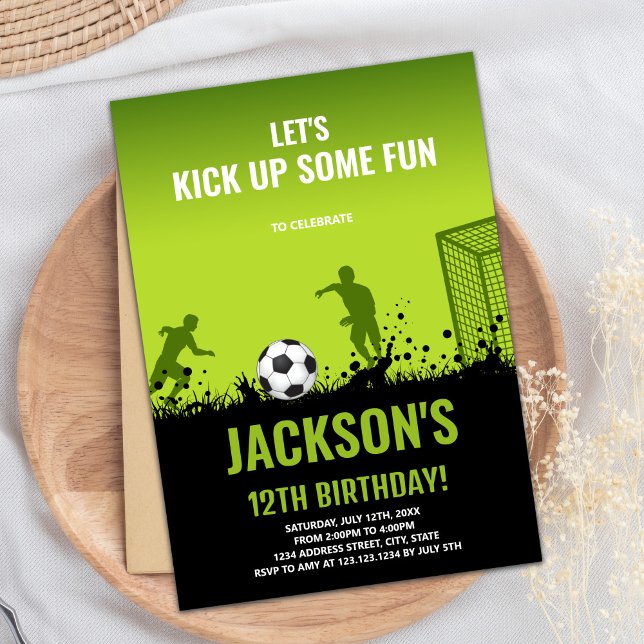 Editable Boys Sports Party Card with Bold Field (Green Black Soccer Birthday Invitations)