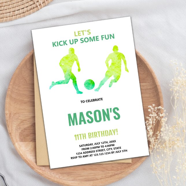 Editable Boys Sports Party Card with Field & Ball  (Green Soccer Birthday Invitations)
