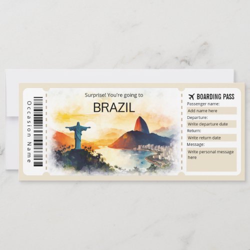 Editable Brazil Plane ticket Rio Boarding Pass Invitation