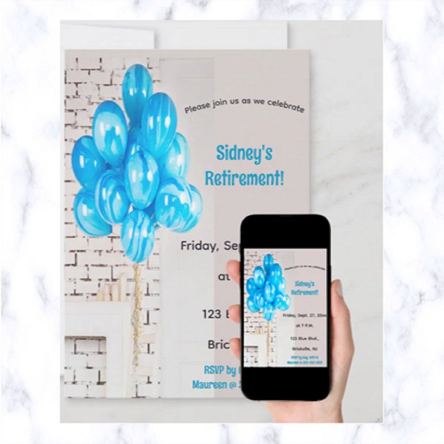 Editable Brick and Blue Balloons Retirement Invitation (Creator Uploaded)