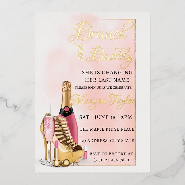 Editable Bridal Shower Brunch and Bubbly Foil Invitation (Front)