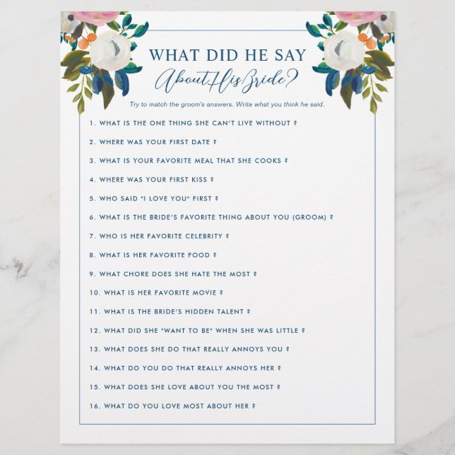 Editable Bridal Shower Game Blue White Floral Flyer (Front)