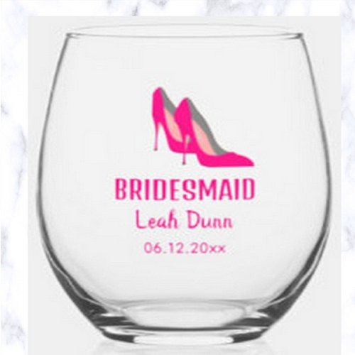Editable Bridesmaids High Heel Shoes Stemless Wine Glass