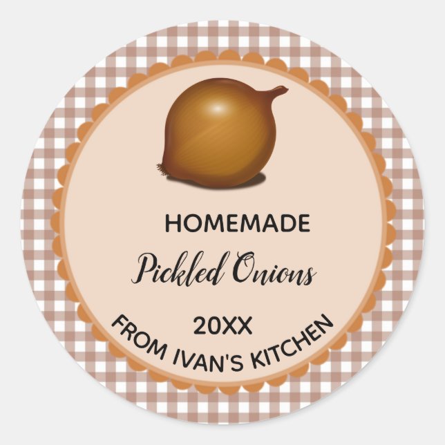 Editable Brown Gingham Pickled Onions Labels (Front)