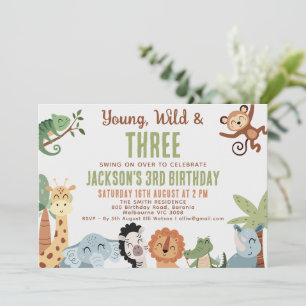 Editable Brown Green Young Wild Three 3rd Birthday Invitation