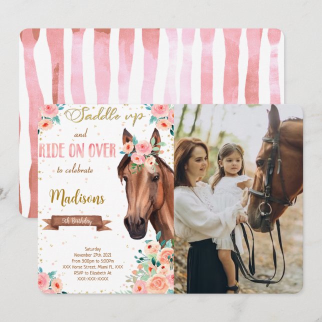 Editable Brown Horse Photo Invitation (Front/Back)