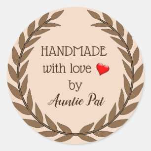 Editable Brown Leaf Wreath Handmade With Love By Classic Round Sticker