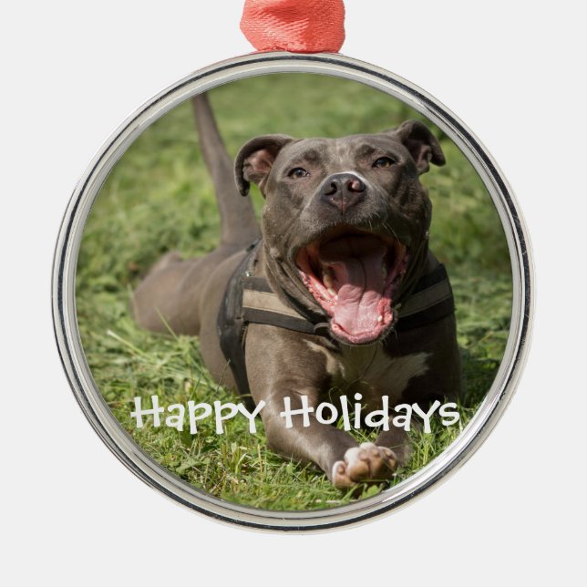 Editable Brown Pitbull In Grass Metal Ornament (Front)