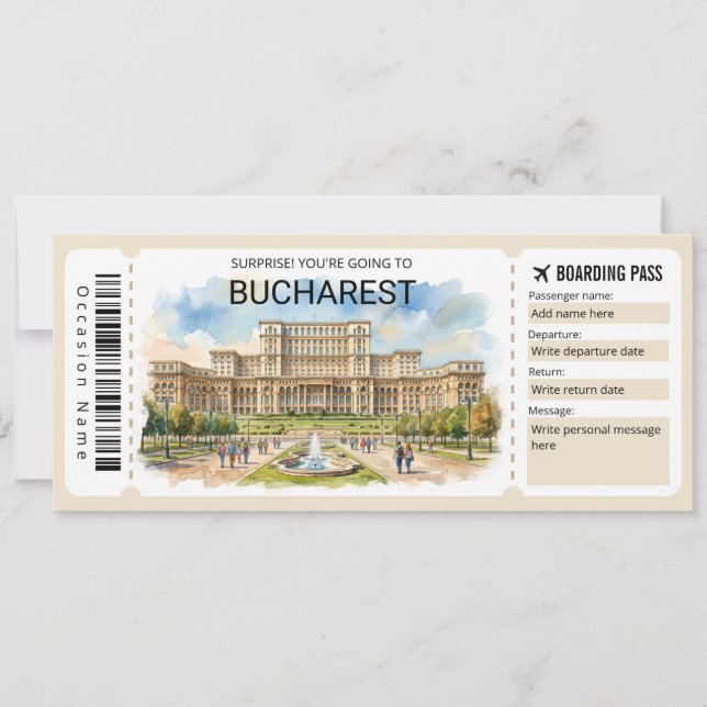 Editable Bucharest Plane Boarding Pass Ticket Invitation (Front)