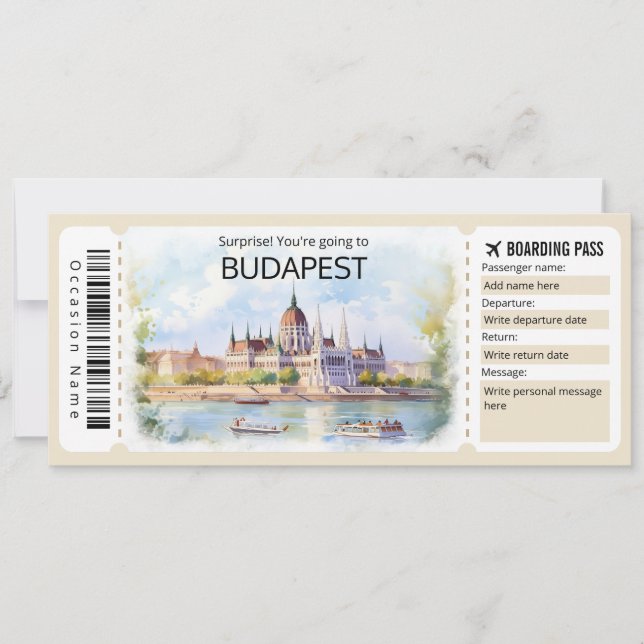Editable Budapest Plane ticket, Hungary Trip Invitation (Front)